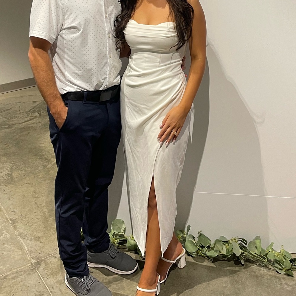 Lulu’s Always Turning Heads White Bustier Tulip Midi Dress (midi, small)
